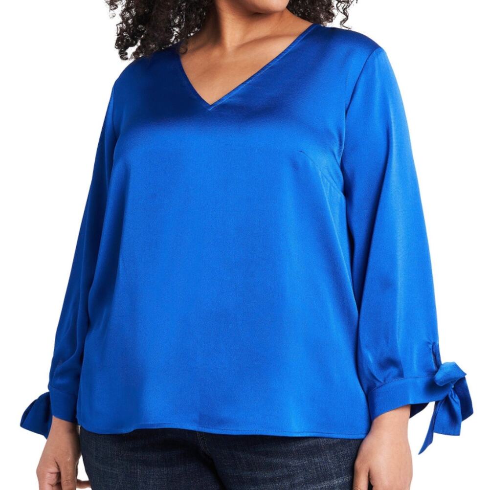 Cece Tie Sleeve Satin Blouse in Blue, Size 2X